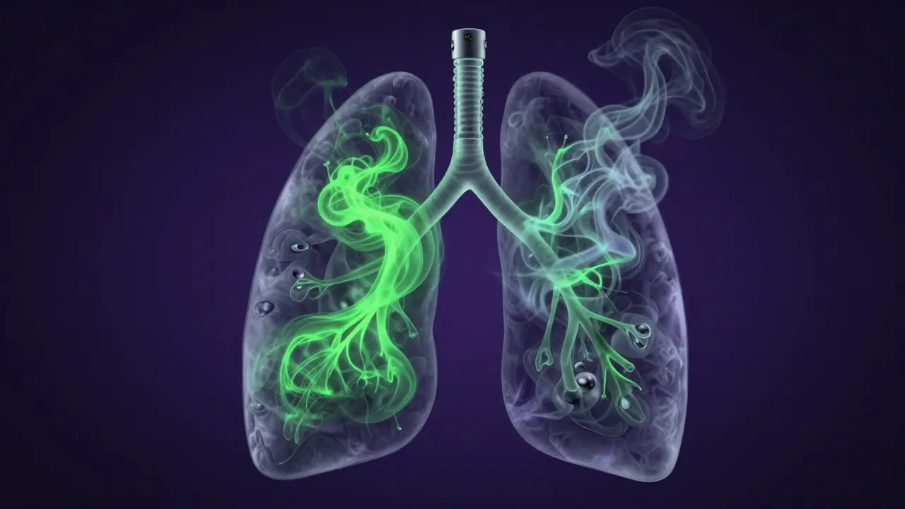 Konzeptuelle Darstellung von chemischen Schadstoffen in einer menschlichen Lunge.