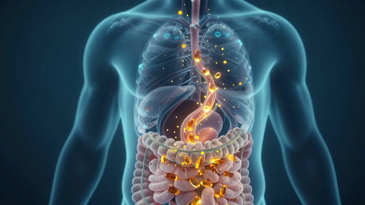 Konzeptuelle Darstellung von Nährstoffen, die aus dem Darm in die Blutbahn gelangen.