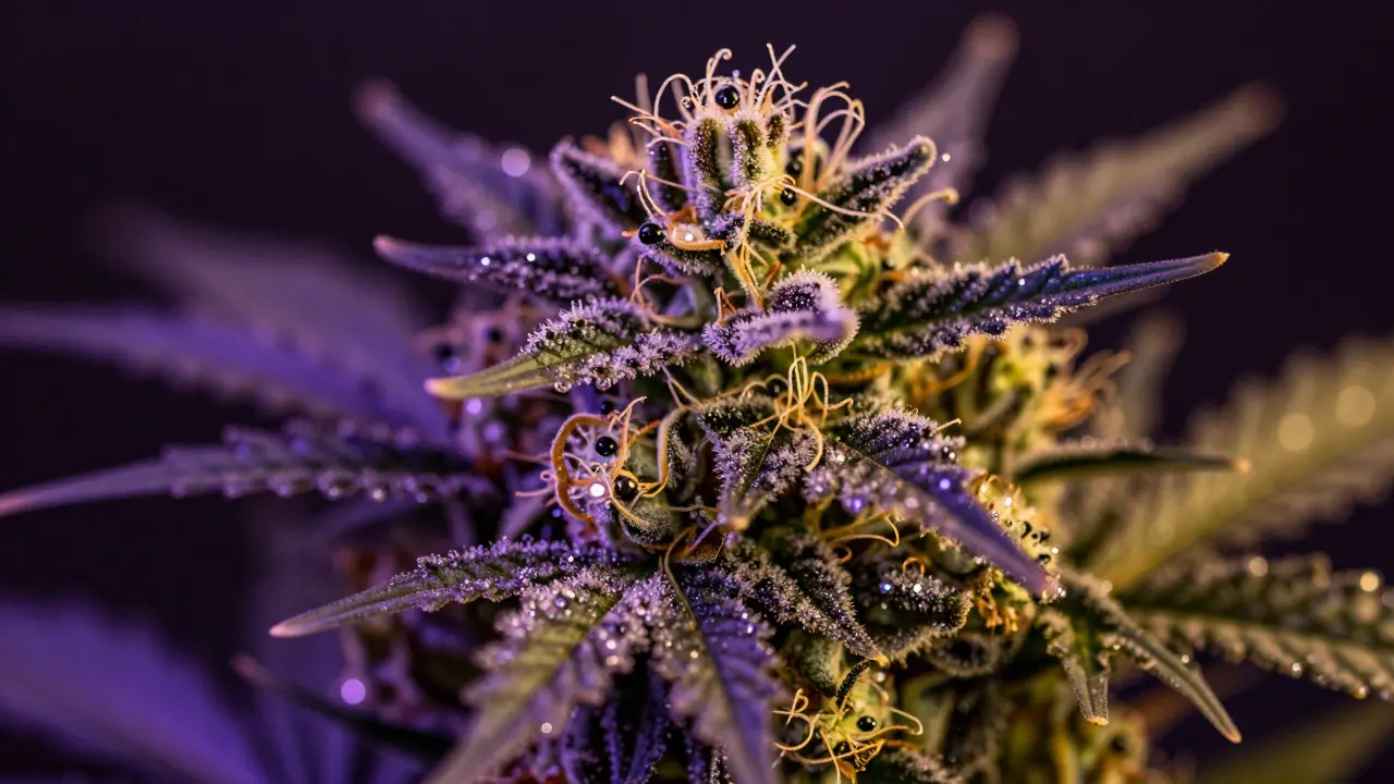 Makroaufnahme einer dichten, harzreichen Cannabisblüte mit glitzernden Trichomen.