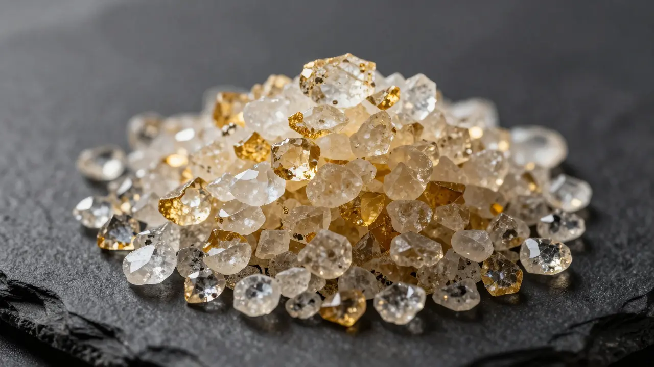 Makroaufnahme von reinem, kristallinem CBD auf einer dunklen Schieferplatte.