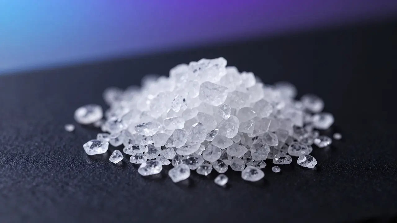 Makroaufnahme von reinweißen, glitzernden CBD-Kristallen auf schwarzem Hintergrund.