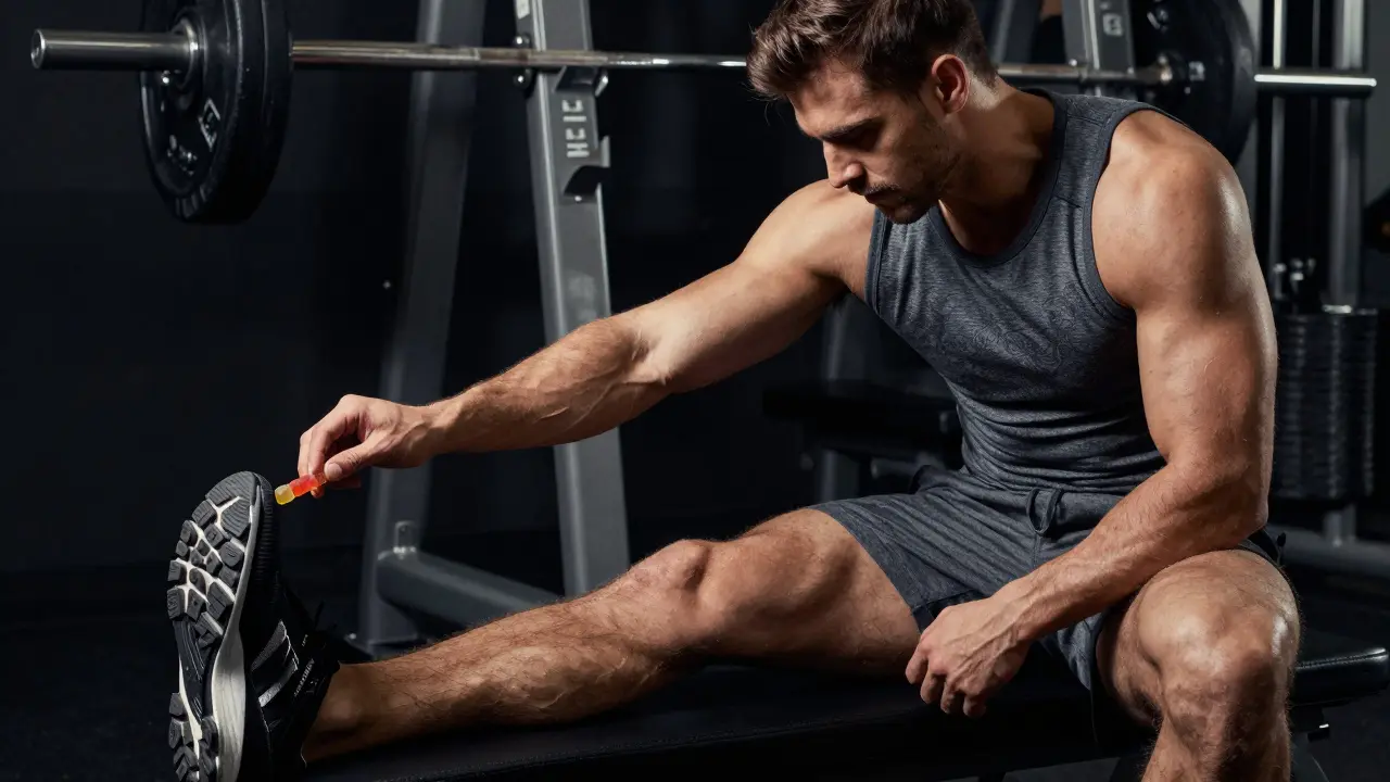 Muskulöser Mann im Fitnessstudio, der CBD Gummies zur Erholung nutzt.