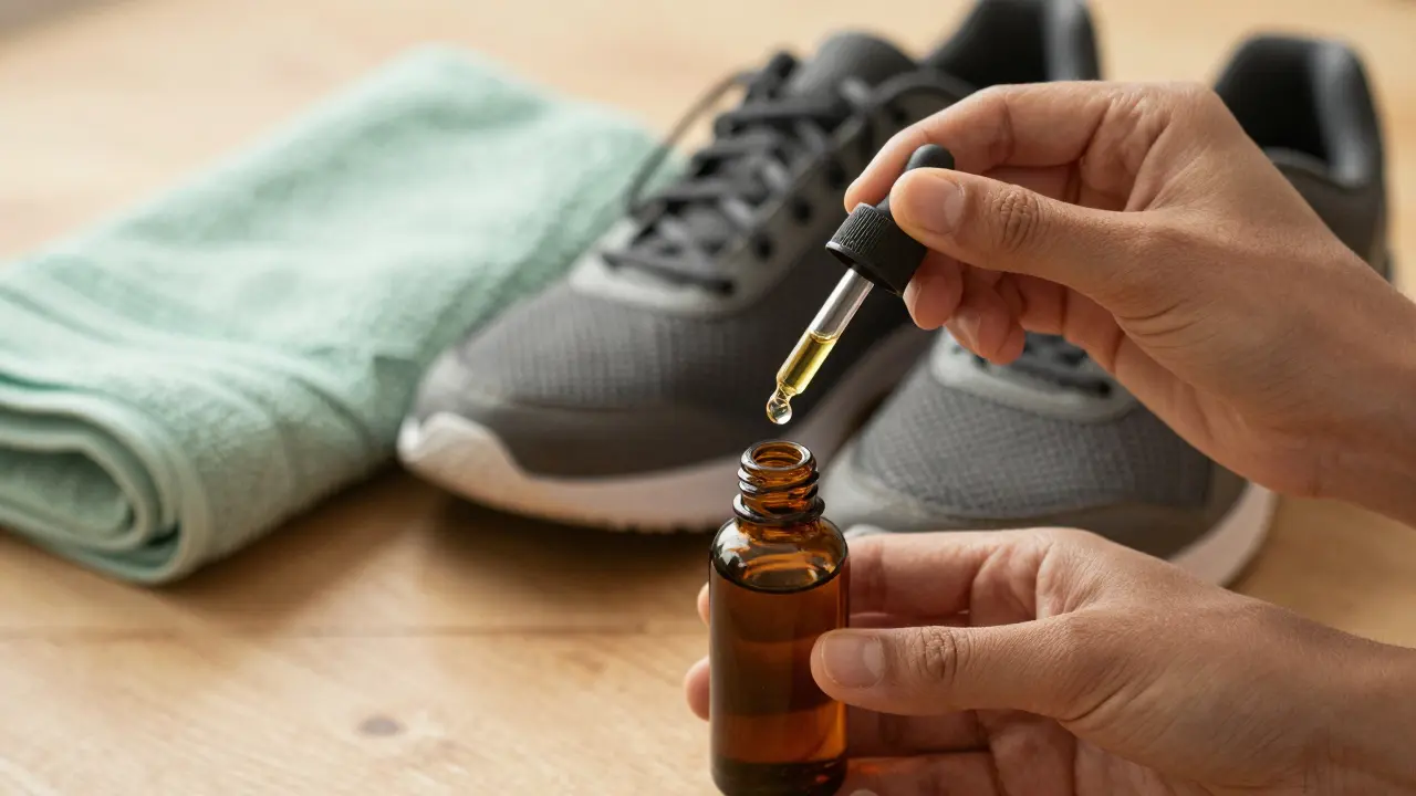 Nahaufnahme eines CBD-Öl-Tropfens in einer sportlichen Umgebung zur Regeneration.
