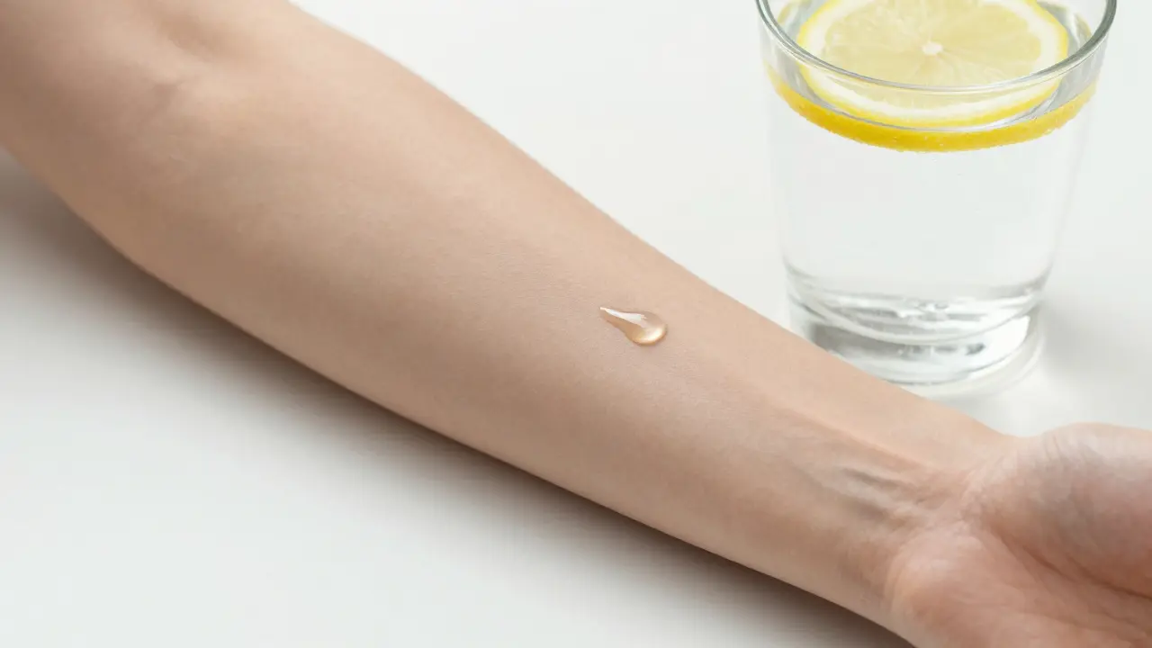 Nahaufnahme eines Patch-Tests auf dem Arm neben einem Glas Wasser.