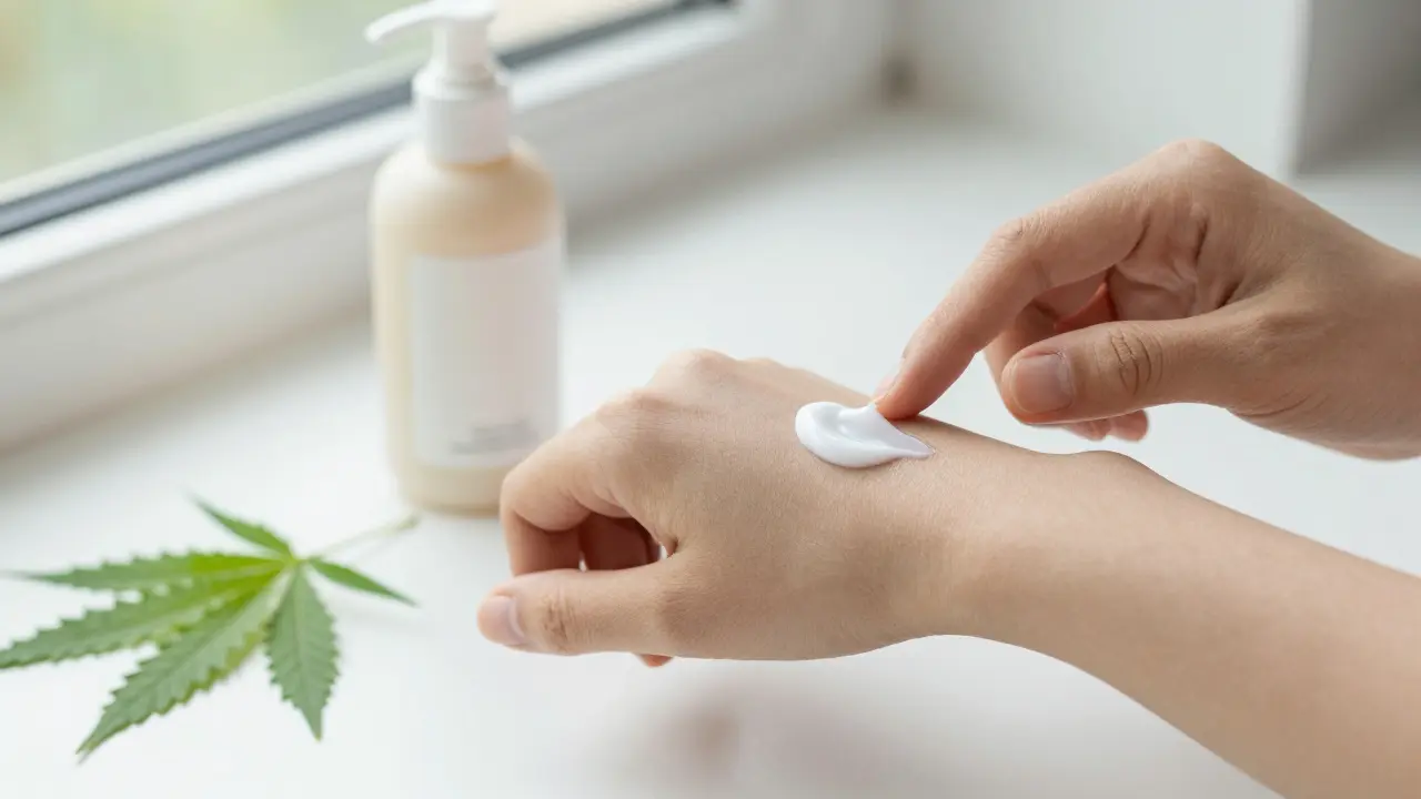 Nahaufnahme eines Patch-Tests mit Creme auf der Innenseite des Unterarms.