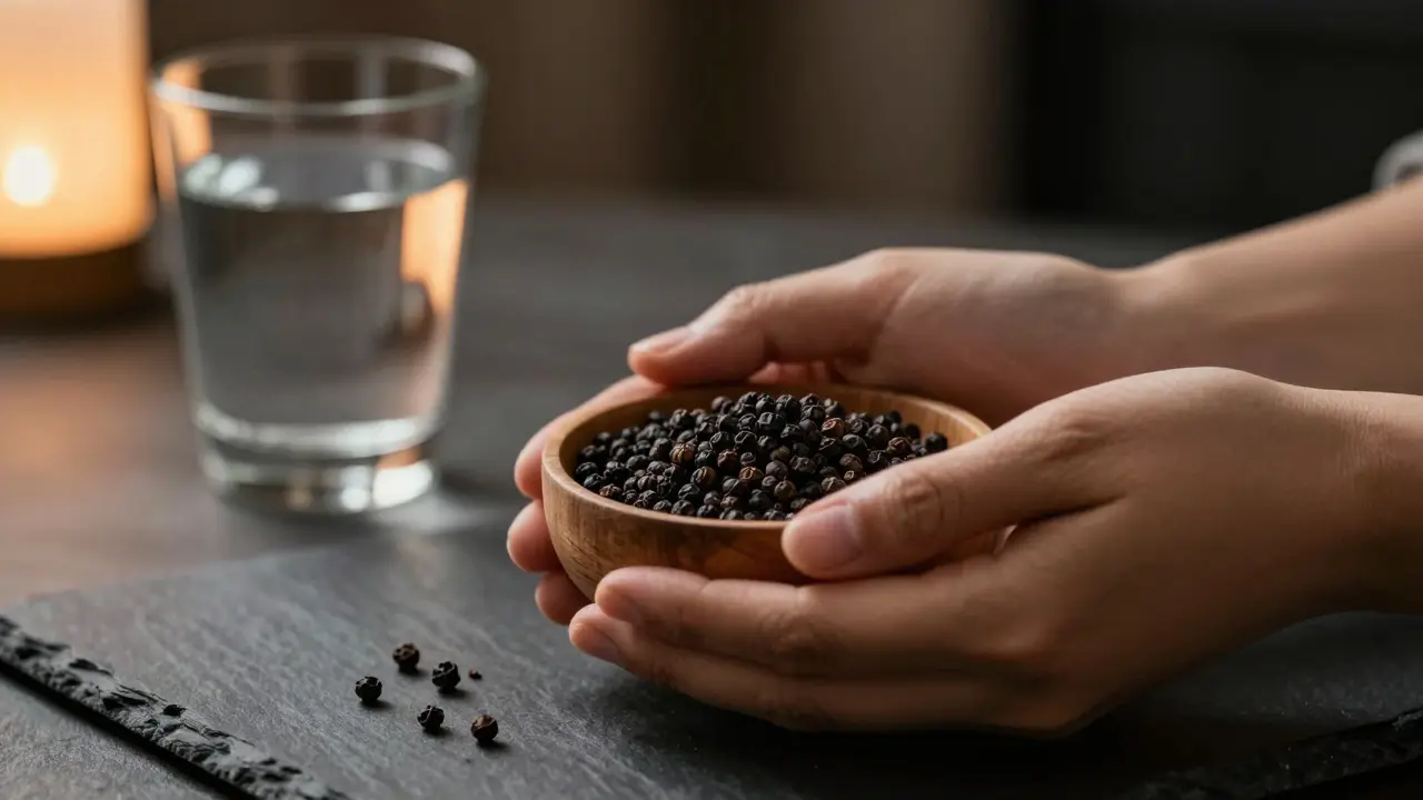 Nahaufnahme von schwarzen Pfefferkörnern in einer Schale zur Erdung bei starkem High.