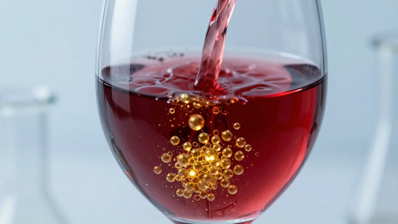 Nahaufnahme von Wein in einem Glas mit leuchtenden Goldpartikeln, die Nano-Emulsion darstellen.