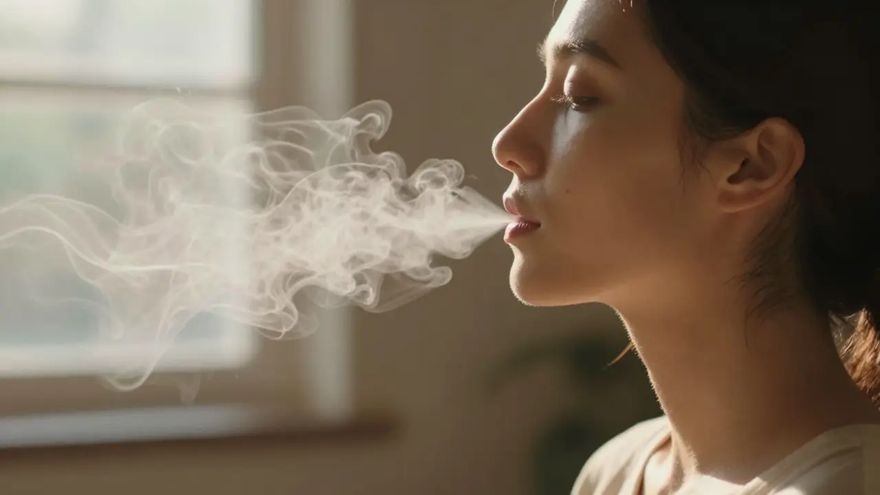 Person beim Ausatmen von Dampf in einer friedlichen, sonnendurchfluteten Atmosphäre.