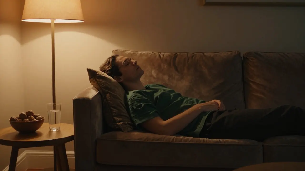 Person entspannt in einem gemütlichen Wohnzimmer mit Wasser und Nüssen.