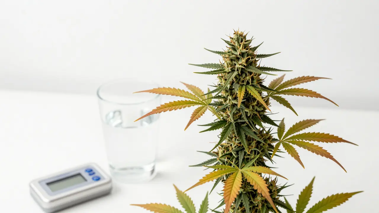 Reife Cannabisblüte neben einem pH-Meter und einem Glas Wasser zur Darstellung des Flushings.