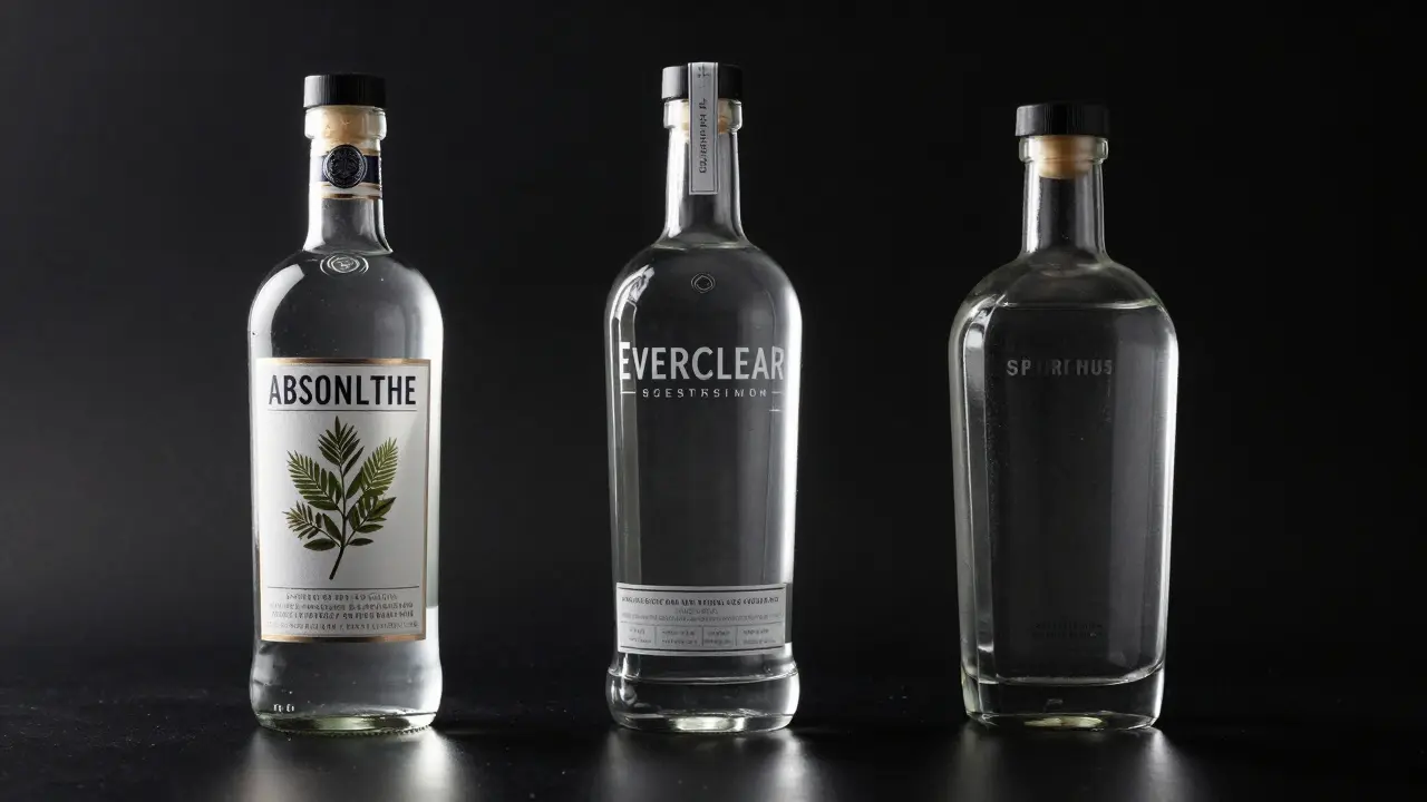 Vergleich von Absinth, Everclear und Spiritus in Glasflaschen