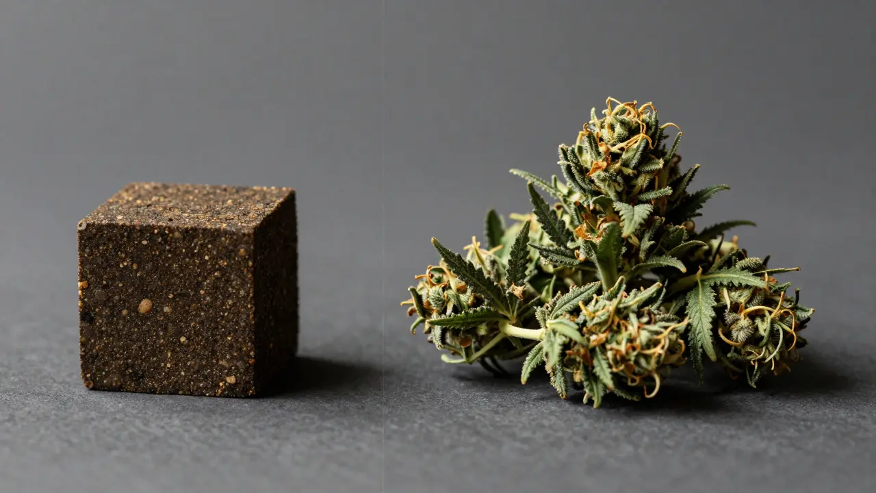 Vergleich zwischen einem konzentrierten Stück CBD Hash und lockeren CBD Blüten.
