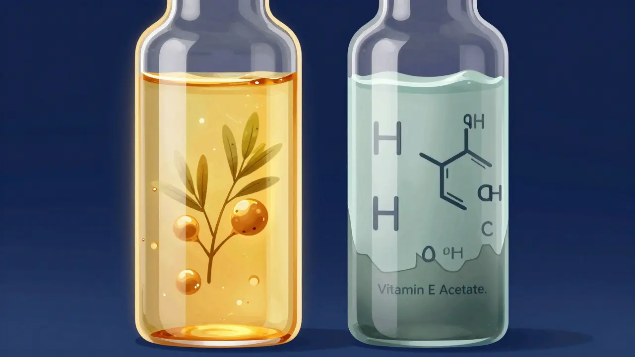 Vergleich zwischen reinem MCT-Öl und schädlichen synthetischen Zusatzstoffen in einem Fläschchen.