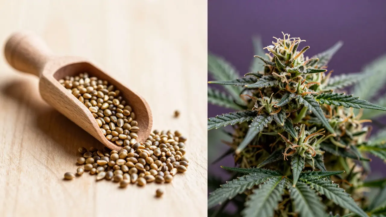 Vergleichsbild von natürlichen Hanfsamen links und einer Cannabis-Blüte rechts.