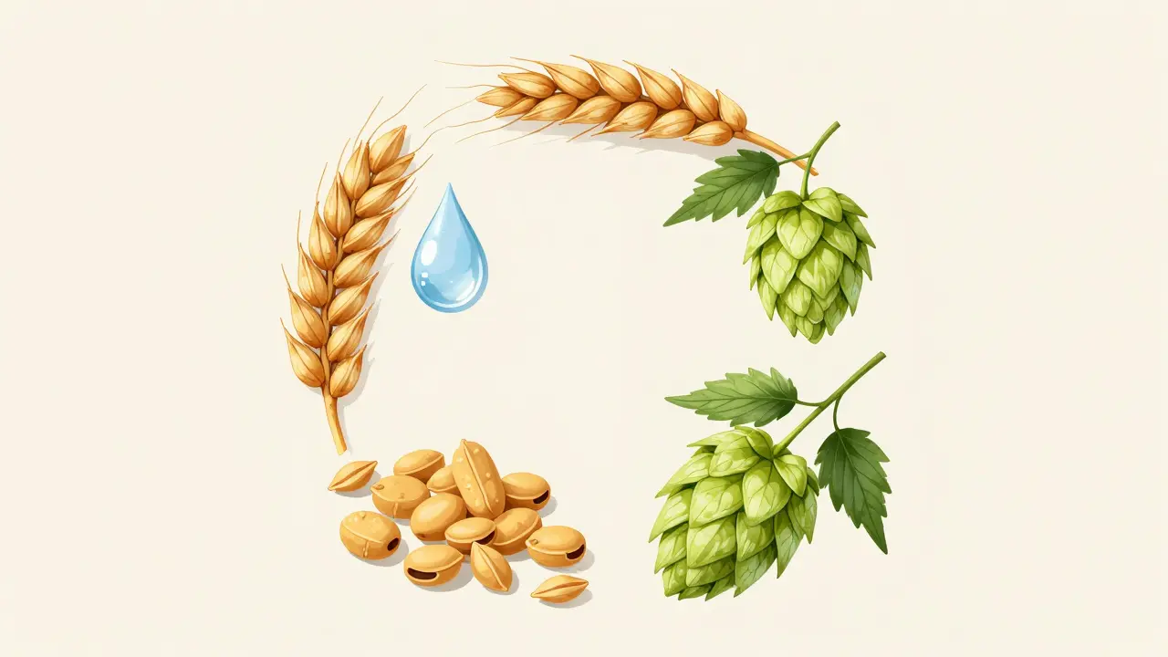 Die vier Bierzutaten: Wasser, Malz, Hefe und Hopfen in harmonischer Anordnung