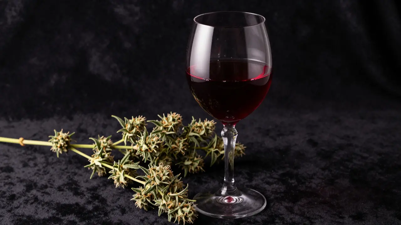 Ein Glas Rotwein und eine Cannabis-Blüte in eleganter Inszenierung
