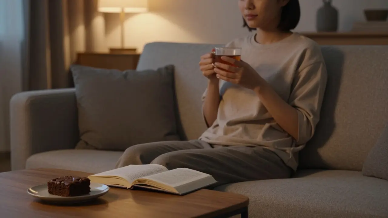 Entspannte Person auf dem Sofa mit Tee und Brownie bei Dämmerung