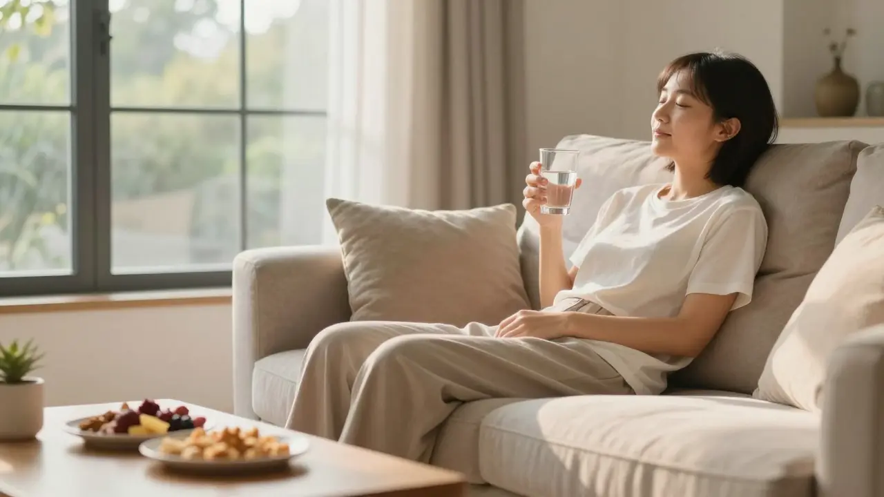 Entspannte Person auf dem Sofa mit Wasser und Snacks bei Sonnenlicht