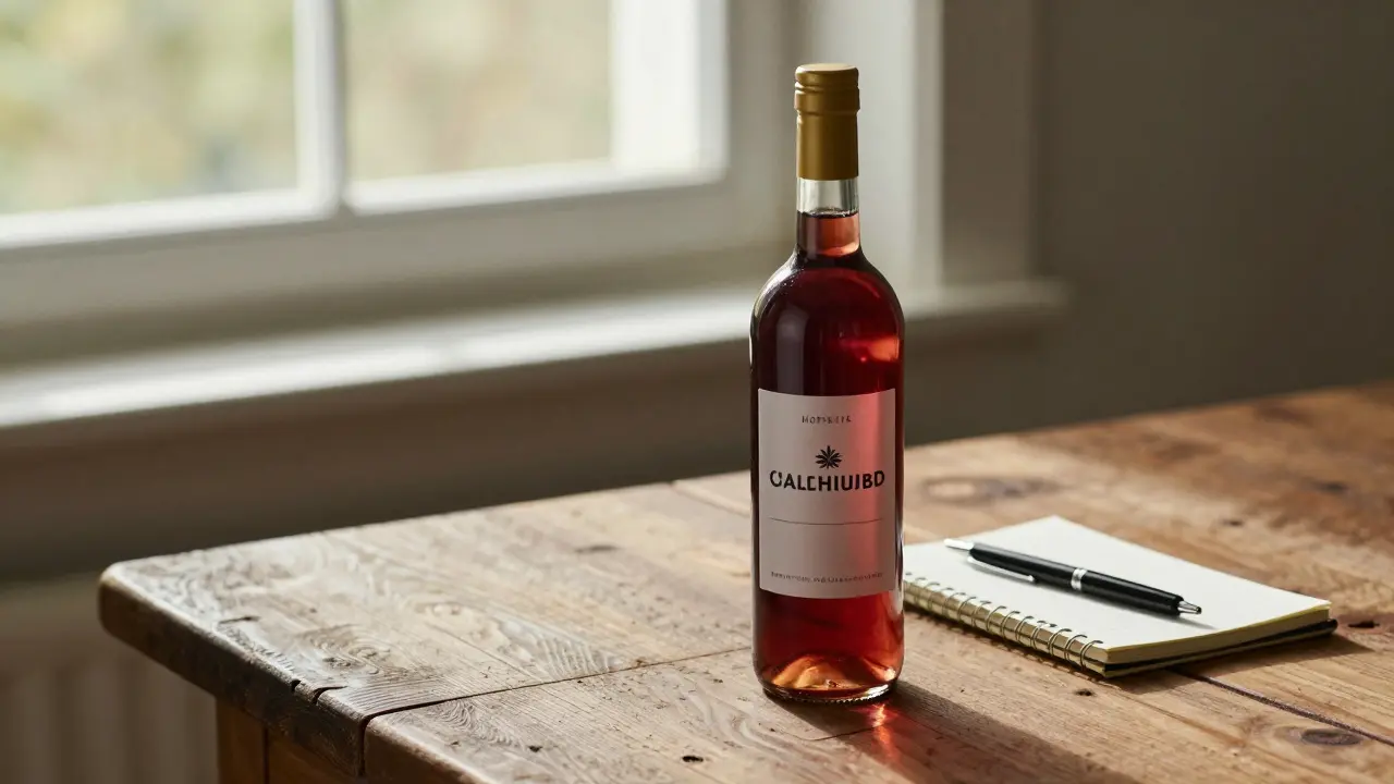 Flasche Cannabis-Wein auf Holztablett neben Notizbuch und Stift