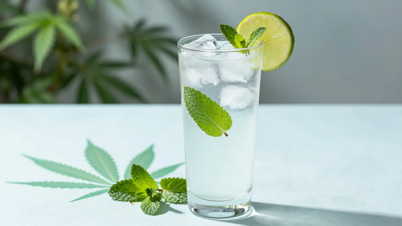 Gin Tonic mit Limette und Minze im hellen Tageslicht