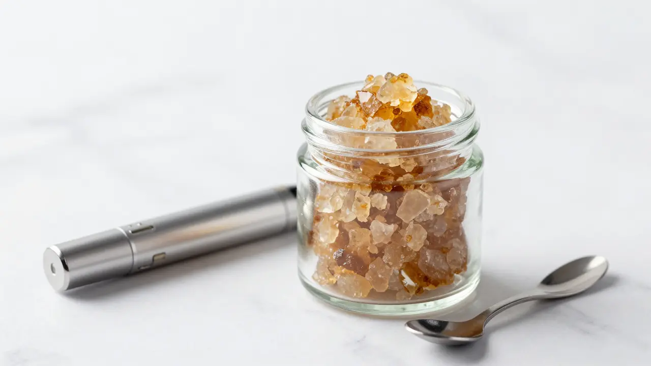 Glas mit CBD-Crumble-Extrakt und Vaporizer auf Marmor