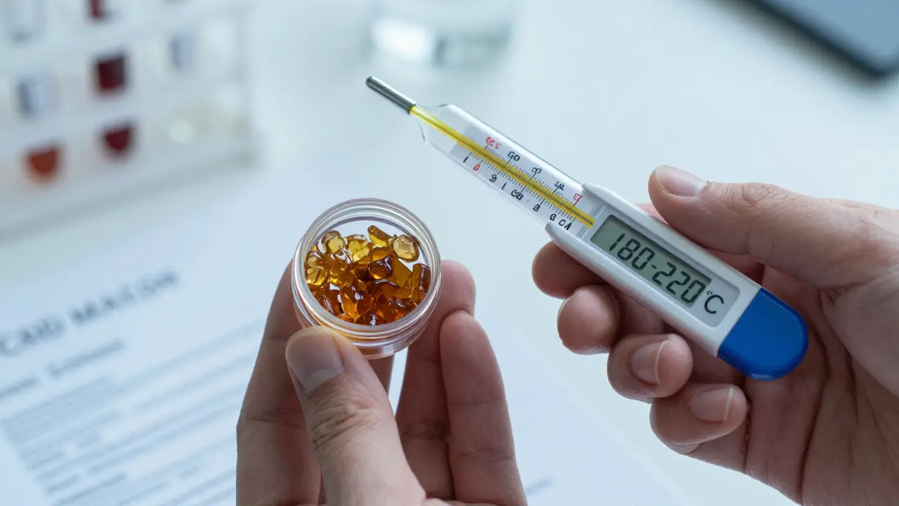 Hand hält CBD-Shatter neben Thermometer für sichere Anwendung