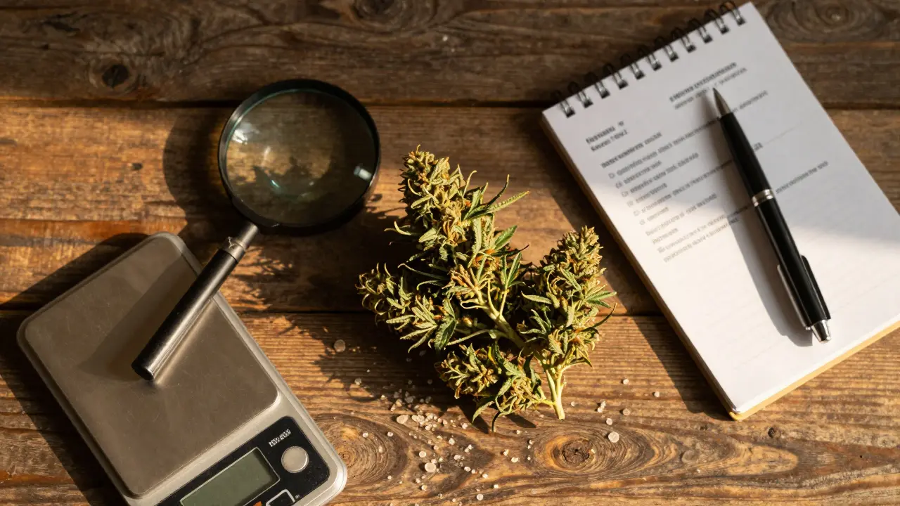 Hanfblüte unter Lupe auf Holztisch neben Waage und Notizbuch zur Qualitätskontrolle