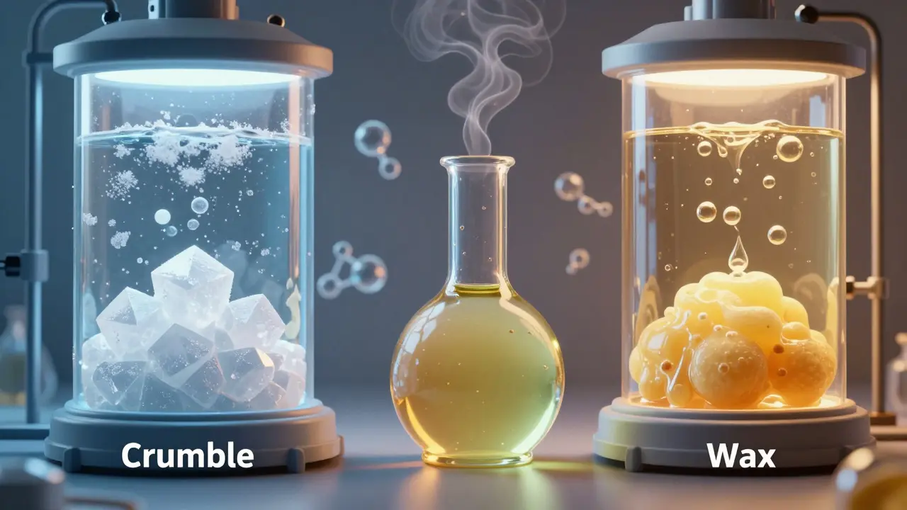 Illustration des Herstellungsprozesses: Kristallisation zu Crumble links und Aufschäumen zu Wax rechts aus Hanföl.