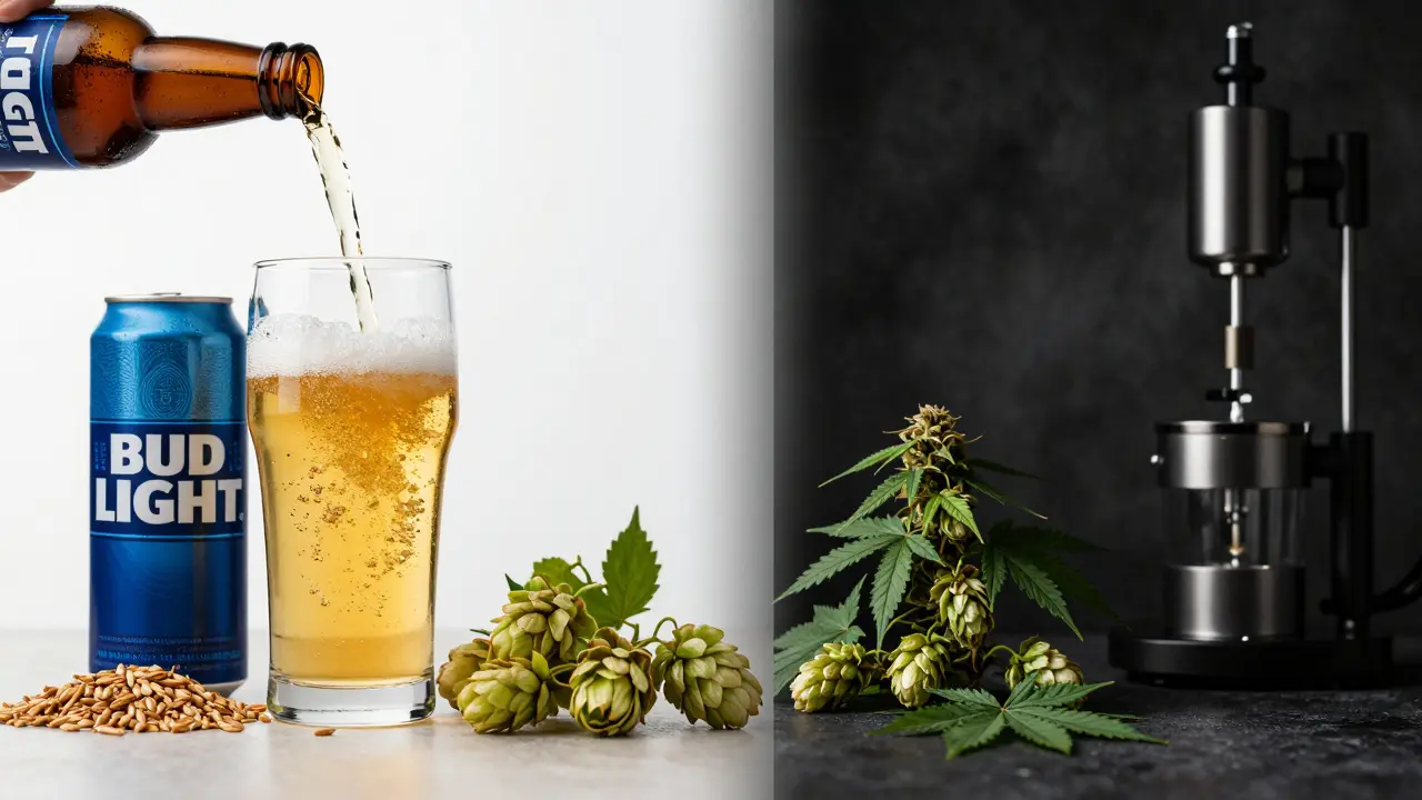 Kontrastbild: Goldener Lagerbierguss links versus Cannabis-Extrakt rechts