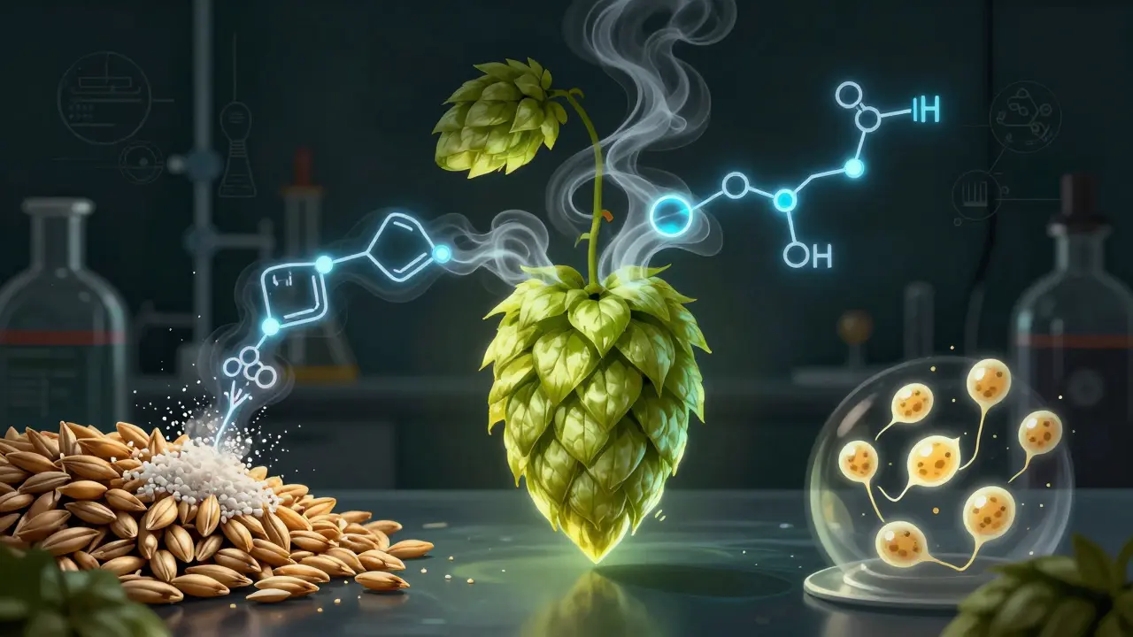Künstlerische Darstellung der Hopfenchemie und des Gärungsprozesses beim Bierbrauen