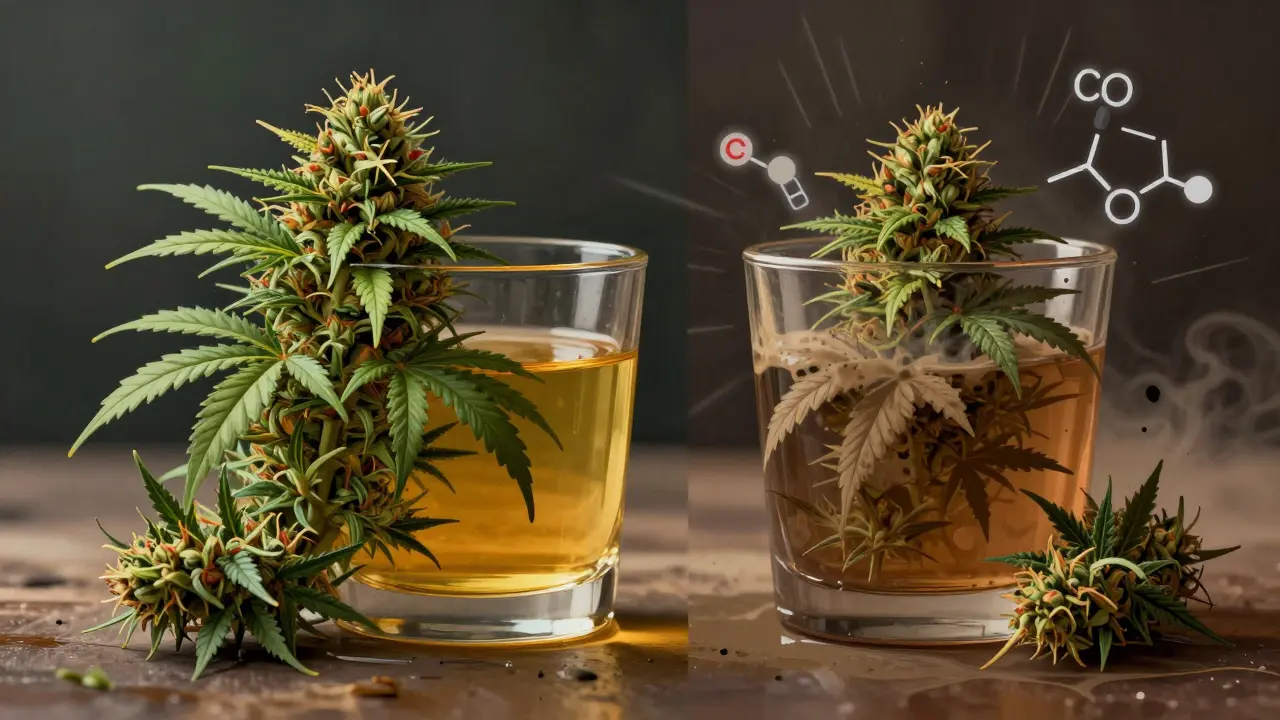 Künstlerische Darstellung der Oxidation von Cannabinoiden im Alkohol