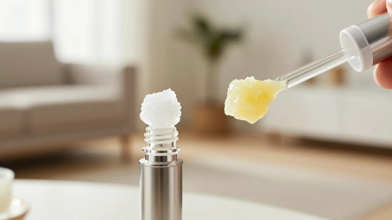Nahaufnahme: CBD-Crumble und -Wachs auf Dabbing-Tools vor einem modernen, entspannten Hintergrund.