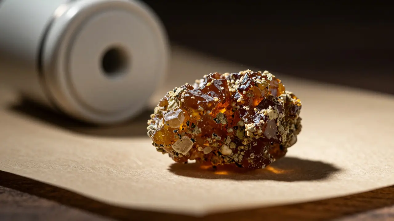 Nahaufnahme von CBD-Crumble Harz auf Papier mit Vape-Gerät im Hintergrund