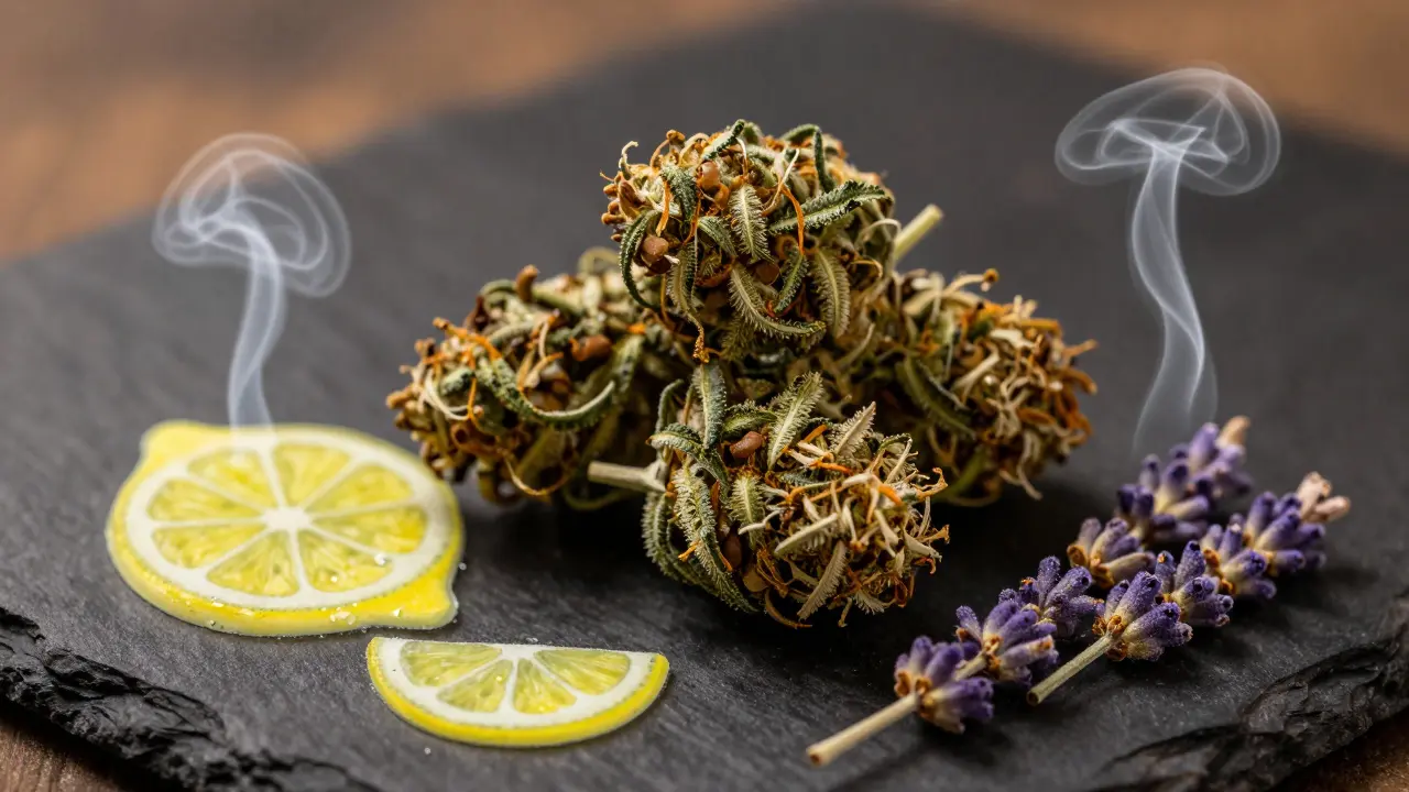Nahaufnahme von Hanfblüten mit Dampfwolken, die Terpene wie Limonen und Myrcen symbolisieren