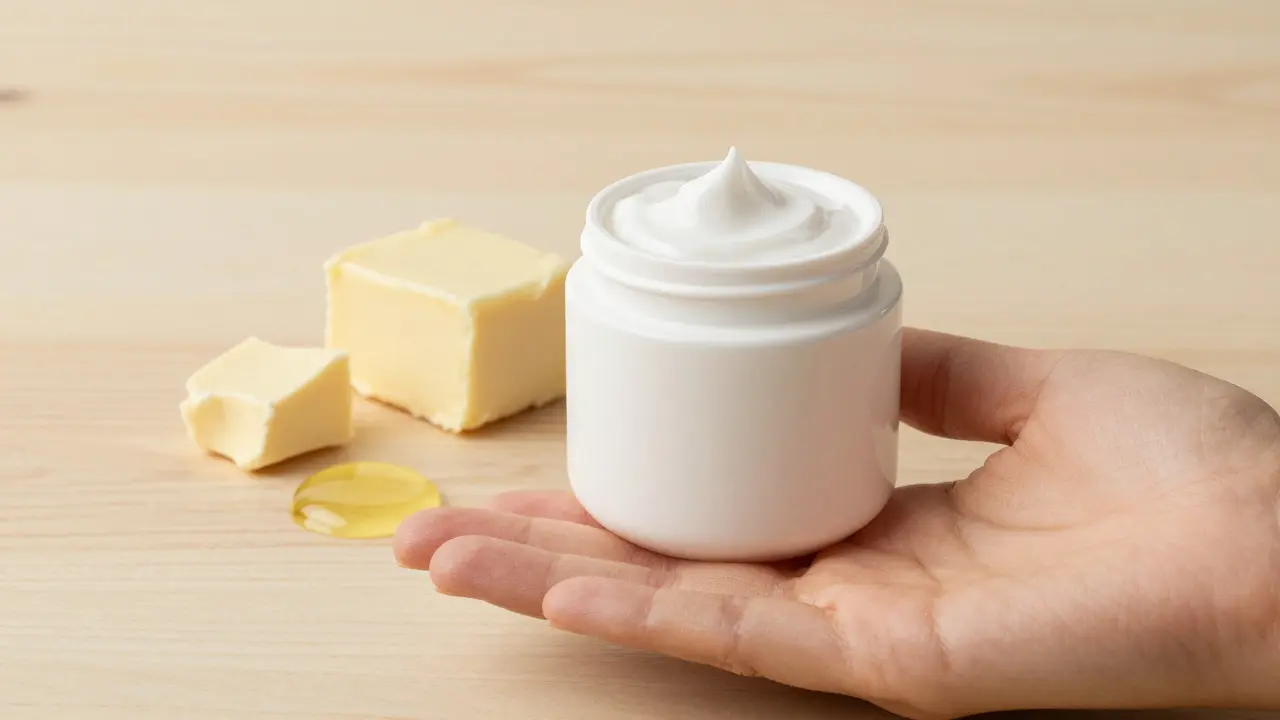 Natürliche Pflegecreme auf Holz mit Shea-Butter
