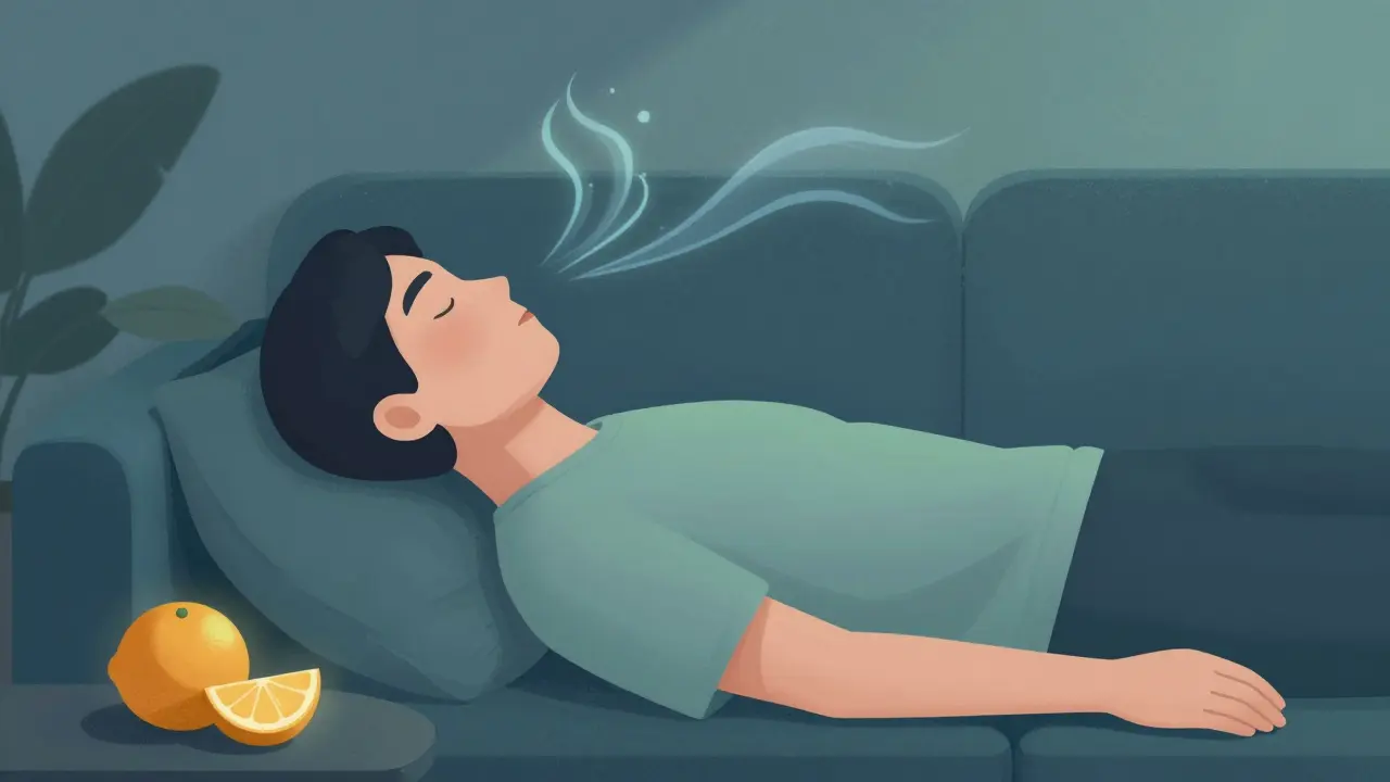 Person entspannt auf dem Sofa und atmet tief ein, um Panik zu bekämpfen