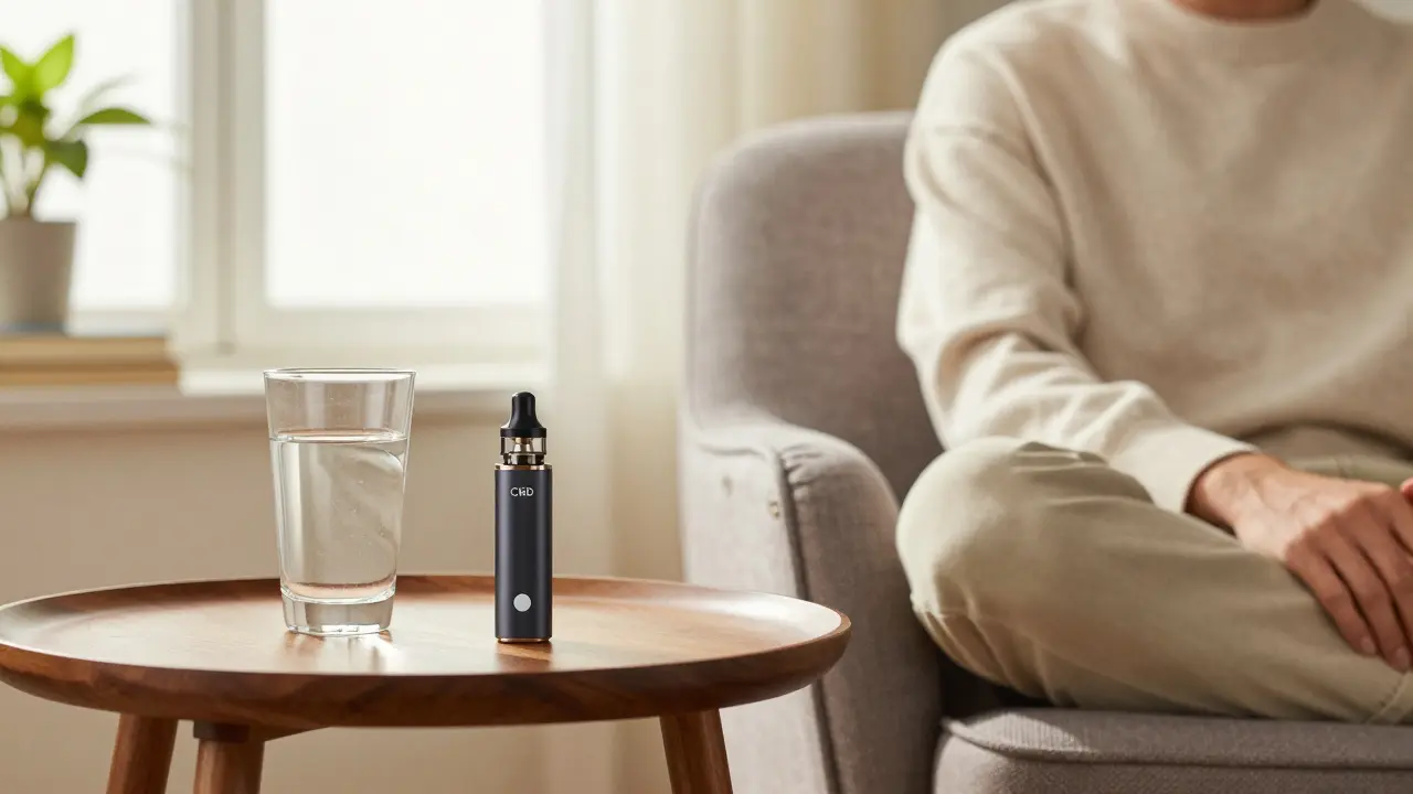 Person relaxing with CBD vape in calm setting
