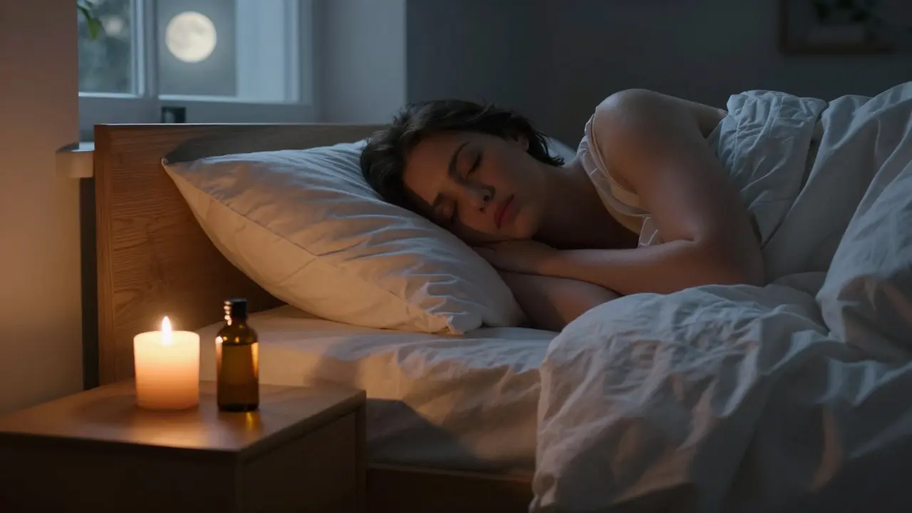 Ruhige Schlafszene im Schlafzimmer mit Ölflasche auf dem Nachttisch