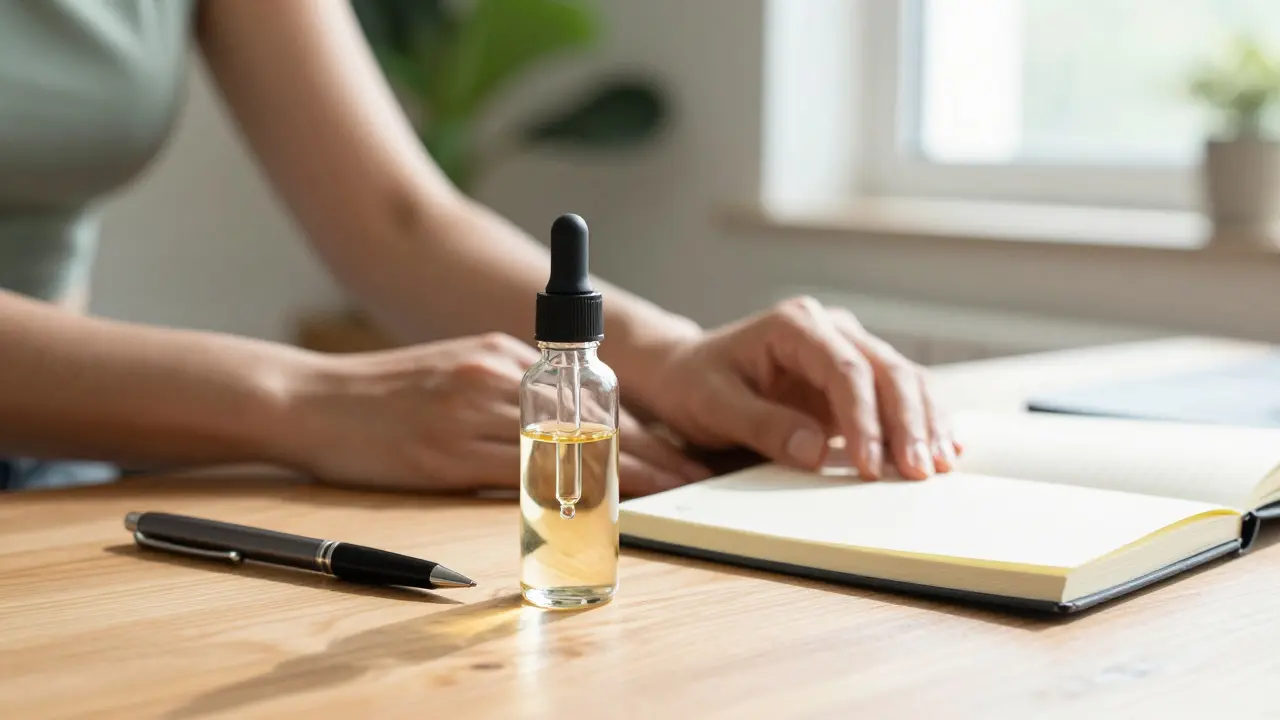 Ruhiges Bild mit CBD-Öl und Journal als sichere Alternativen bei Angst