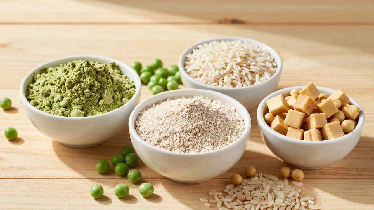 Schüsseln mit Erbsen-, Reis- und Sojaprotein als sichere Alternativen