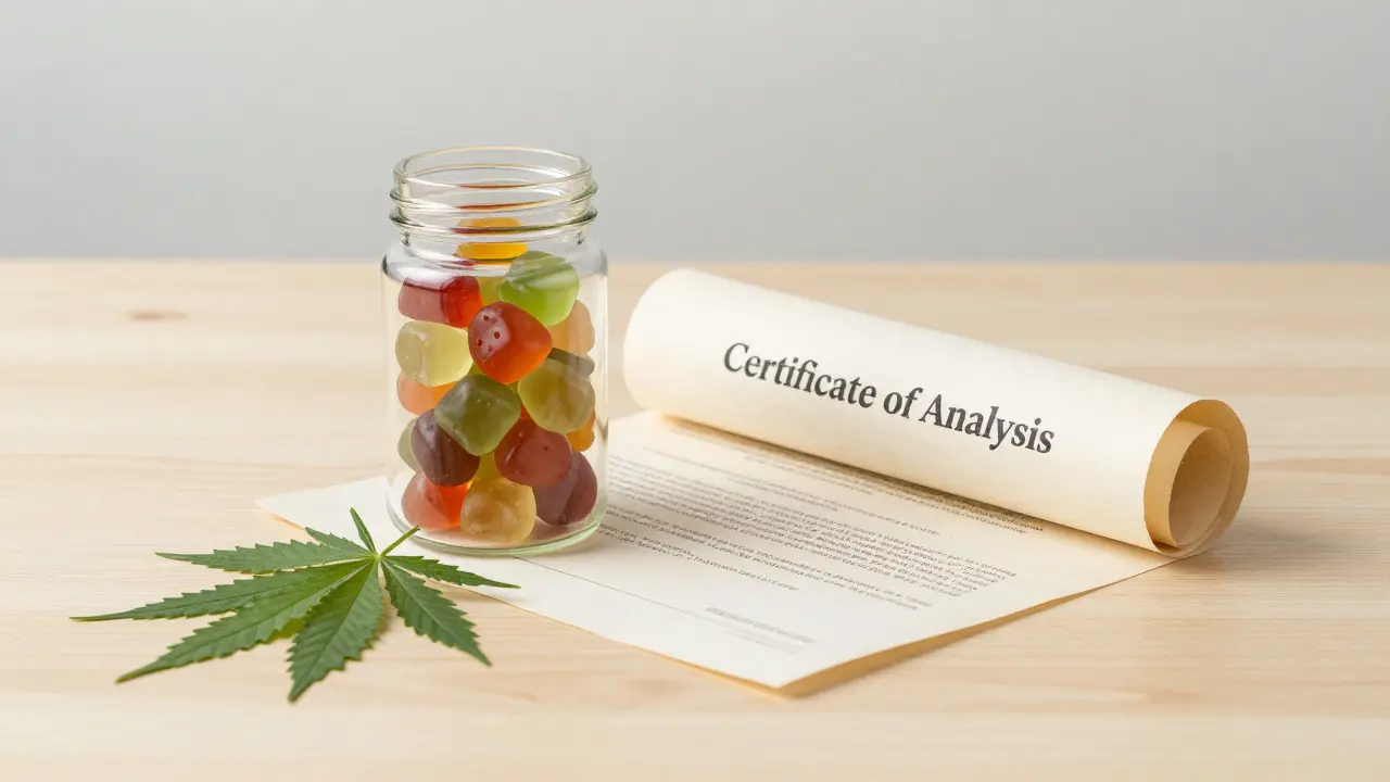 Stillleben mit CBD-Gummis, einem Laborzertifikat und Hanfblatt zur Darstellung von Produktqualität.