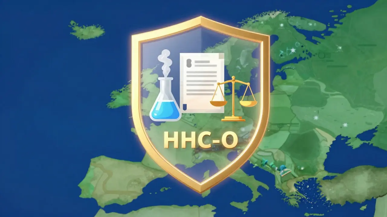 Symbolisches Bild für Sicherheit und Legalität von HHC-O mit Schutzschild und Laborfläschchen.