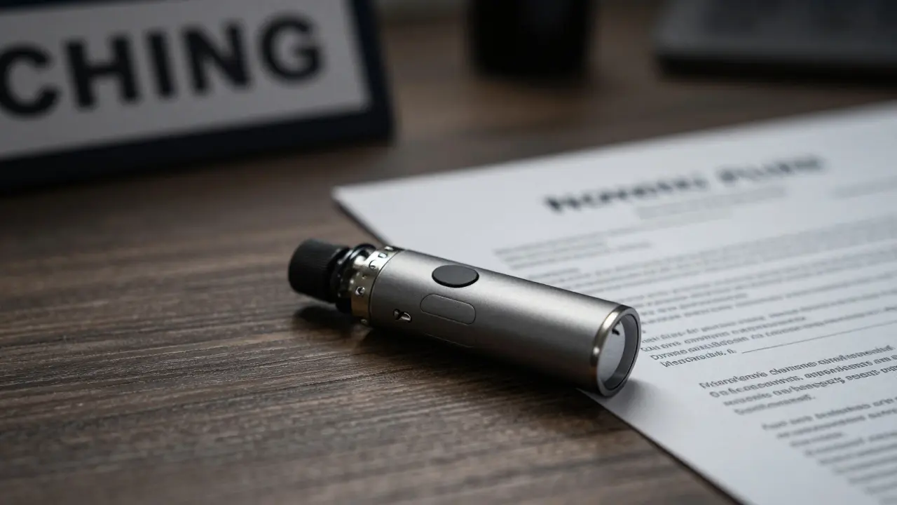 Vape-Gerät neben Dokumenten, das rechtliche Risiken symbolisiert
