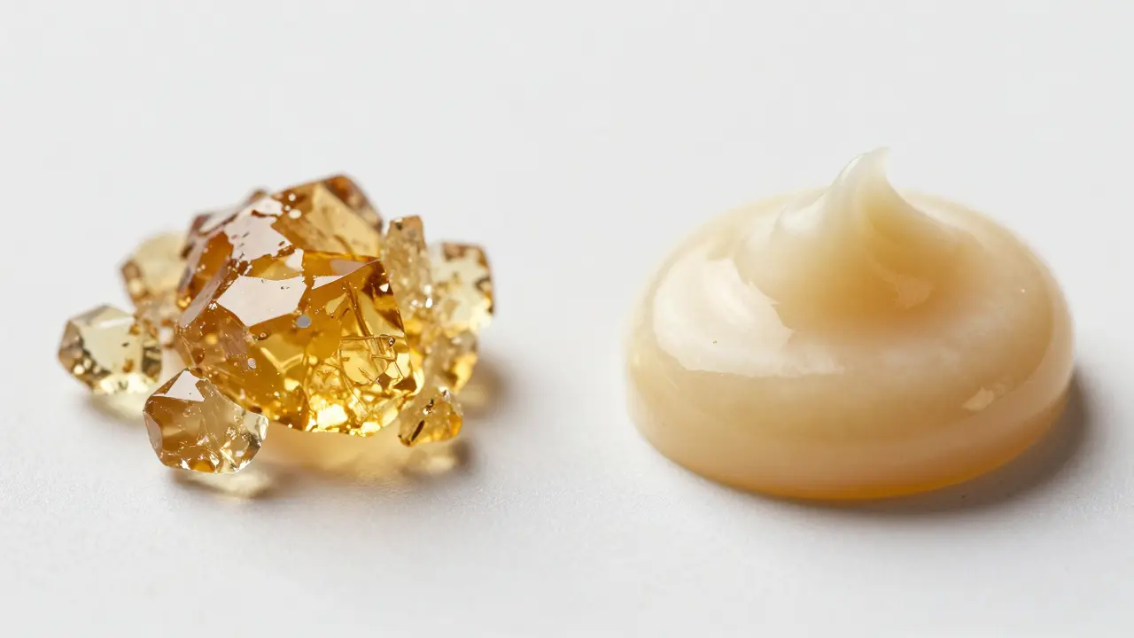 Vergleich der Texturen: klares CBD-Shatter neben mattem CBD-Wax