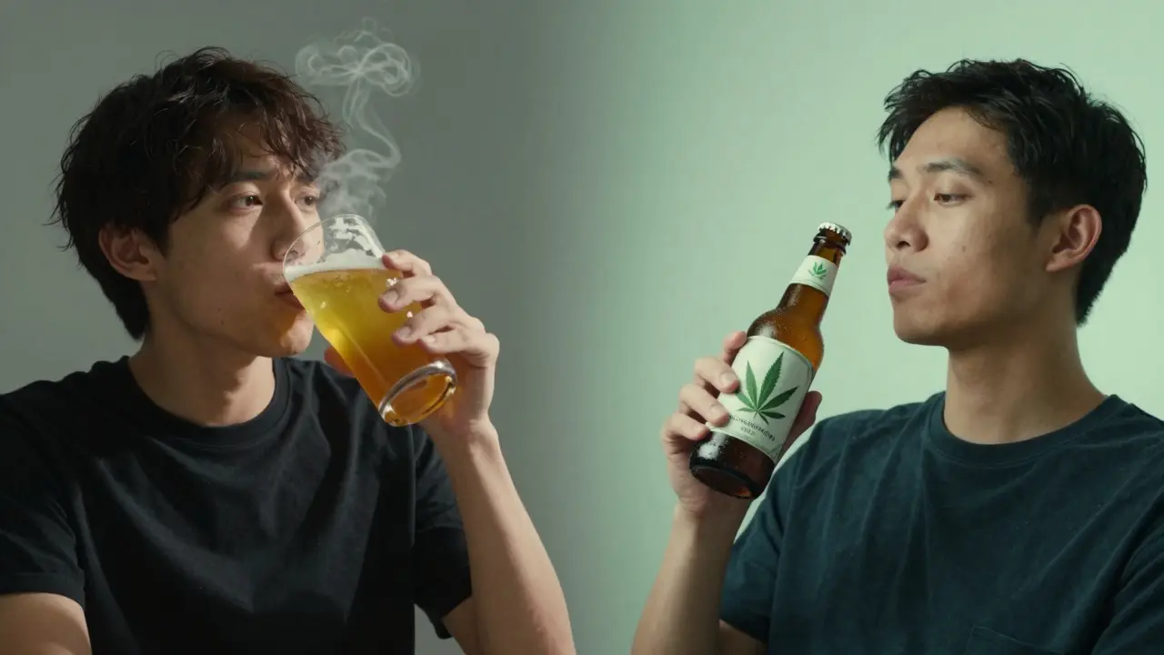 Vergleich von zwei Personen: eine mit intensivem IPA, eine mit entspannendem Hanfbier