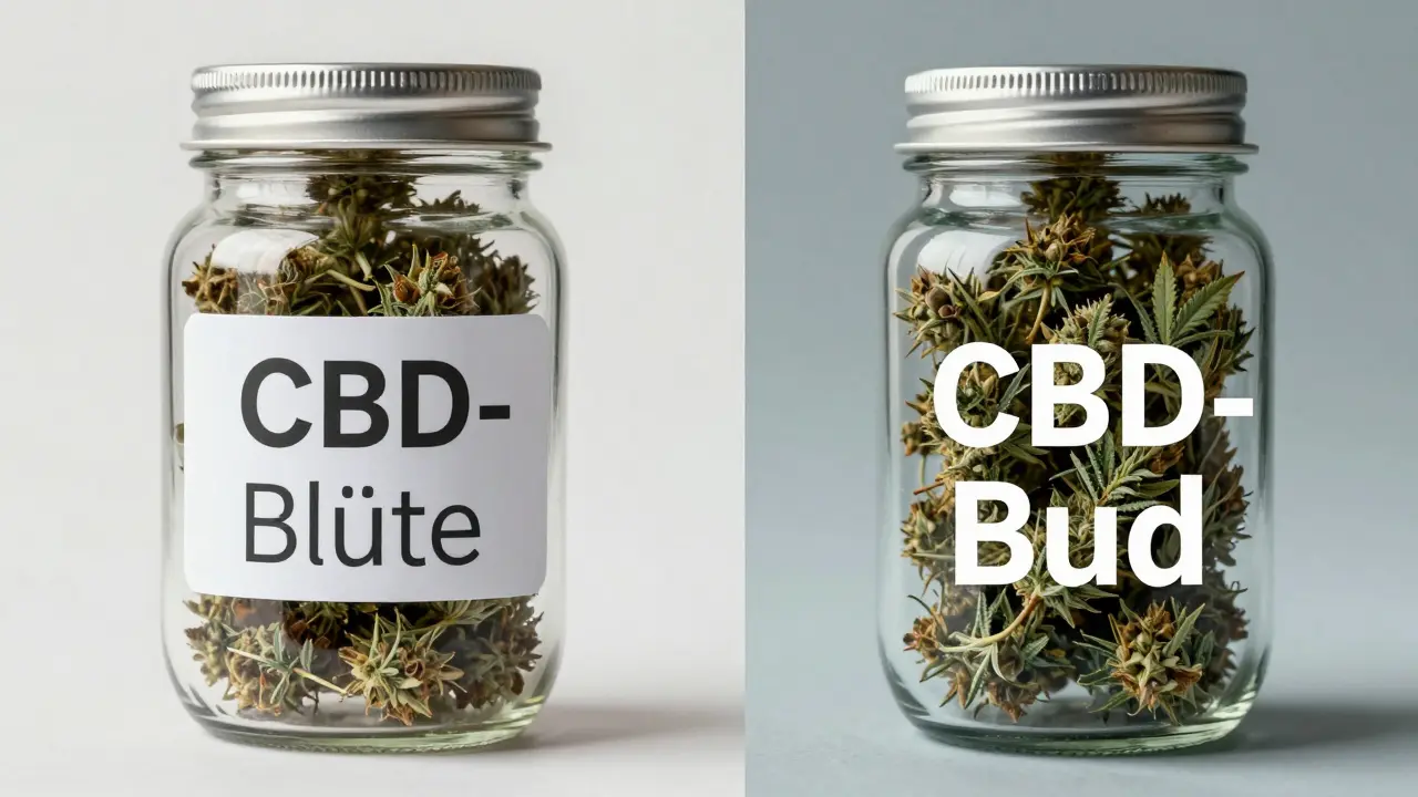 Zwei Glasbehälter mit Hanfblüten im Vergleich: natürliche vs. marketingorientierte Präsentation