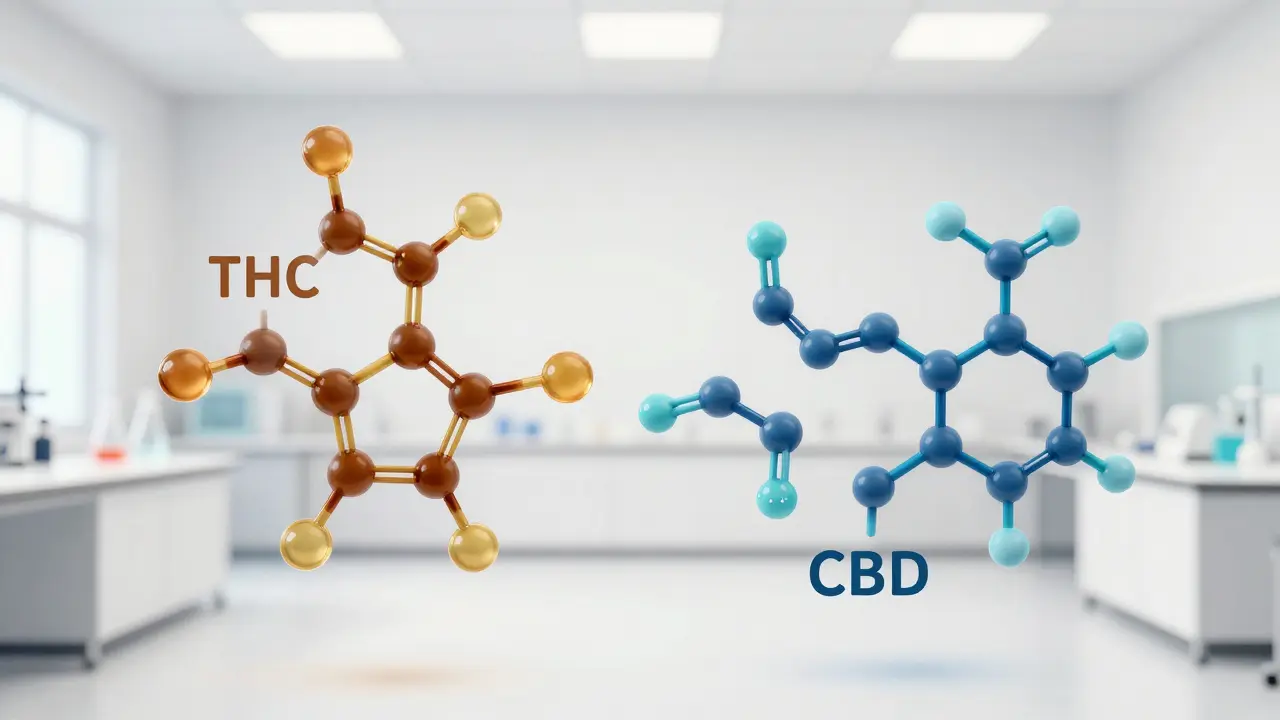 Abstrakte Darstellung der Molekülstrukturen von THC und CBD nebeneinander