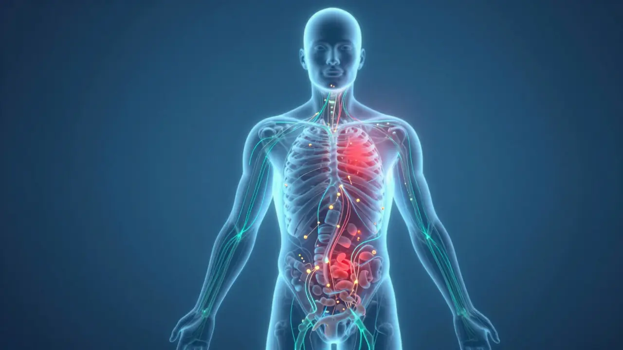 Abstrakte Darstellung des Endocannabinoid-Systems mit beruhigenden Lichteffekten