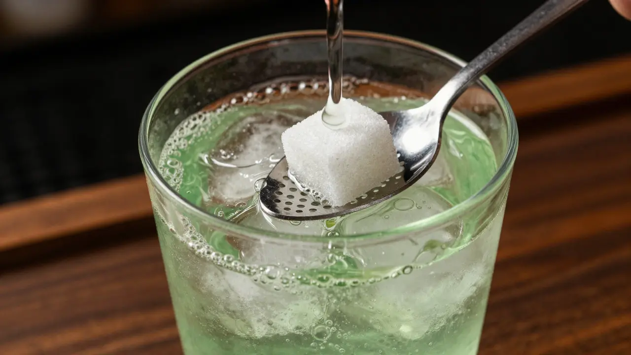 Close-up of absinth turning cloudy as cold water is poured over sugar in a glass.