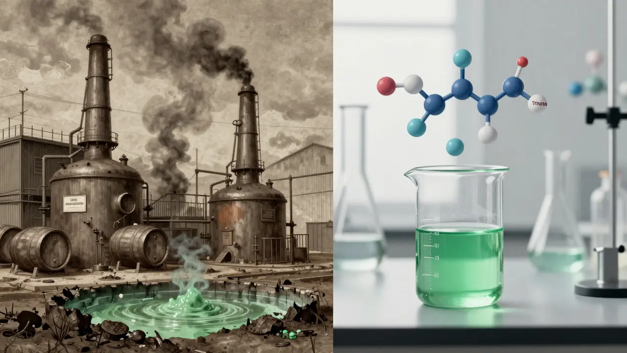 Contrast between a dirty historical distillery and a clean modern lab analyzing thujon levels.